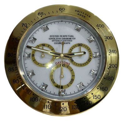 Wanduhr Stil Rolex Daytona Chronograph Weiß Diamant Zifferblatt Gold Oyster Perpetual
