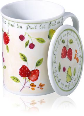 Fruit Tea Porzellan-Teesiebbecher mit Deckel und Edelstahlsieb, 3 Dekore sortiert