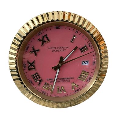 Wanduhr Stil Rolex Datejust Römisches Zifferblatt Pink Oyster Perpetual Gold 34cm