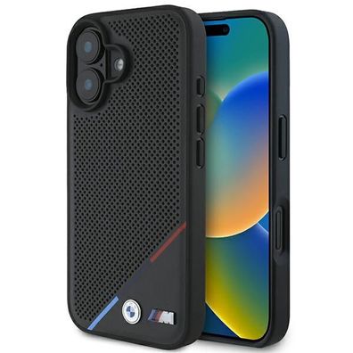 Handyhülle iPhone 16 Plus BMW Kunstleder Tricolor schwarz MagSafe Logo Metall