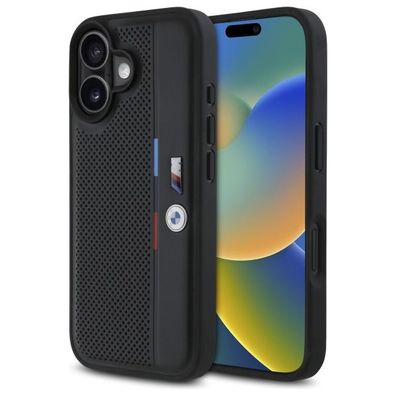 Handyhülle iPhone 16 BMW Tricolor Kunstleder gelocht schwarz