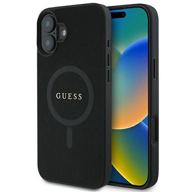 Hülle iPhone 16 Plus Guess schwarz glitzernde Optik Logo goldfarbig MagSafe