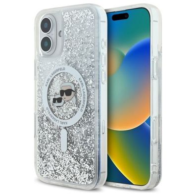 Handyhülle iPhone 16 Karl Lagerfeld Glitter silber MagSafe Logo