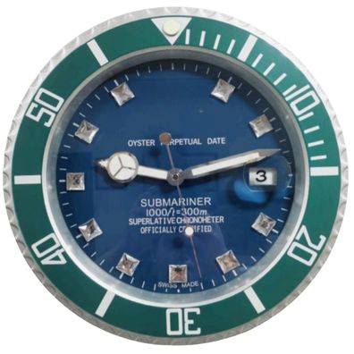 Wanduhr Stil Rolex Submariner Blau Grün Diamant Oyster Perpetual Stahl 34cm Luxusuhr