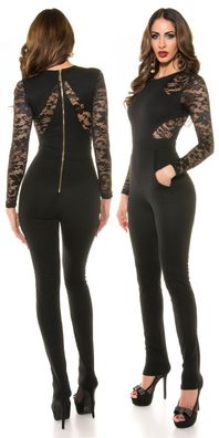 SeXy Miss Damen Stoff Overall Lang edel M 38 L 38 schwarz Spitze Langarm Neu