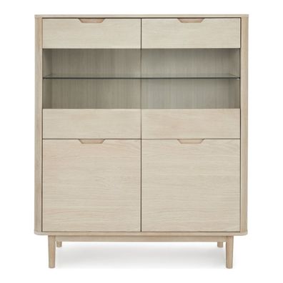 Highboard Gorbin Eiche Whitewash 146 cm - Glas-Highboard mit LED & Soft-Close