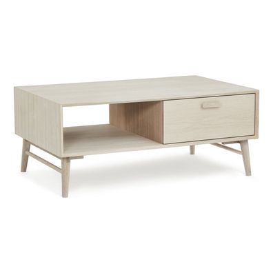 Couchtisch Otaro 120 cm Eiche Whitewash - Massivholzbeine & MDF mit Eichenfurnier