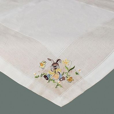 Mitteldecke - 85/85 cm - ecru-bunt Stickerei ''Osterhase'', Leinenoptik