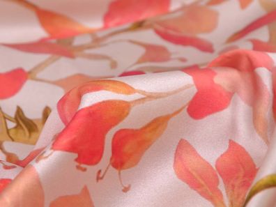 Seide mit Stretch, glänzend, dünn, Blumen in rot, beige - 135cm breit - Stoff