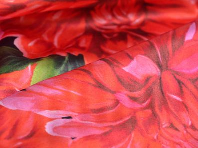 Seide mit Stretch, glänzend, dünn rot Blumen, Blätter - 135cm breit - Stoff glänze