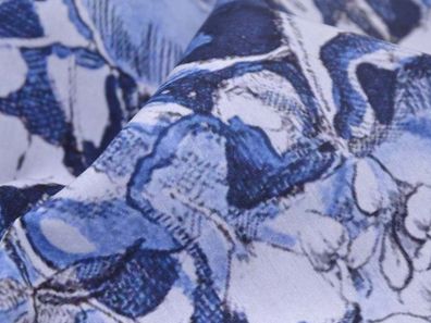 Seide, Baumwolle gemustert, blau made in Italy Blumen - 140cm breit - Stoff glatt,