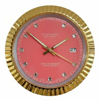 Wanduhr Stil Rolex Datejust Rosa Diamant Zifferblatt Gold Oyster Perpetual 34cm Uhr