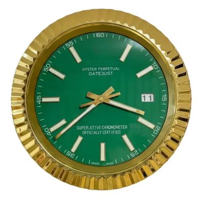 Wanduhr Stil Rolex Datejust Grünes Zifferblatt Oyster Perpetual Fluted Bezel Gold