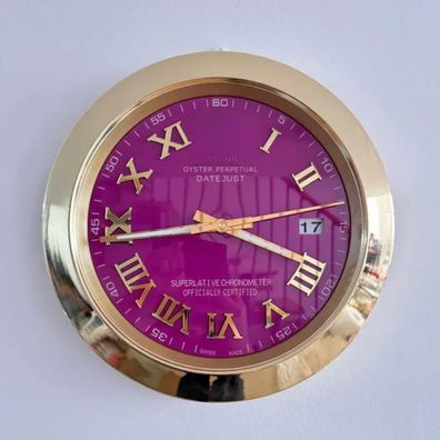 Wanduhr Stil Rolex Datejust Lila Zifferblatt Oyster Perpetual Smooth Bezel Gold