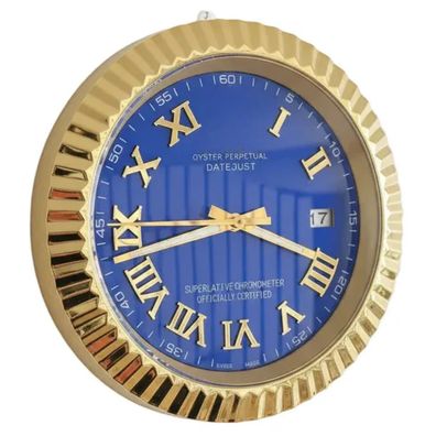 Wanduhr Stil Rolex Datejust Blau Römisches Zifferblatt Oyster Perpetual Fluted Gold