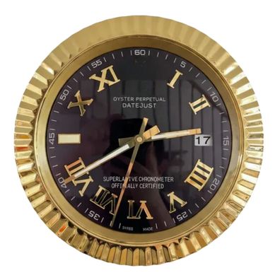 Wanduhr Stil Rolex Datejust Schwarz Römisch Zifferblatt Oyster Perpetual Fluted Gold