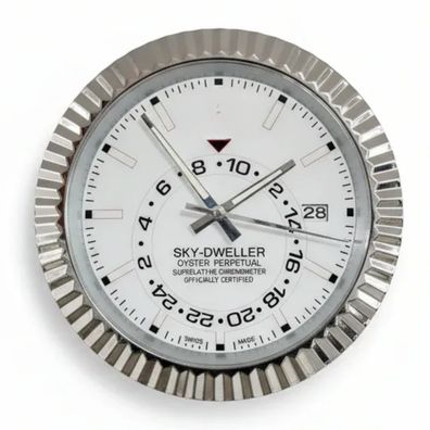 Wanduhr Stil Rolex Sky-Dweller Date Weiß Oyster Perpetual Fluted Bezel Stahl Luxusuhr