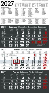 Bürokalender 2027 Kontrast 3-Monatskalender groß Wandkalender 3 Monate Anthrazit