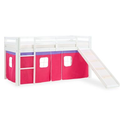 Kinderbett Hochbett Massiv Kiefer weiß pinker Vorhang, Rutsche, 540