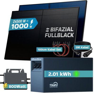 SUNNIVA® 1000W Balkonkraftwerk 2,01 kWh Speicher TSUN TSOL-DCU2000Lite Bifazial