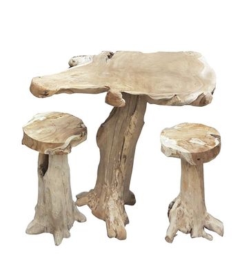 Barset JOEL Teak Natur 102x60x90 Barmöbel-Set Baumstamm Vintage