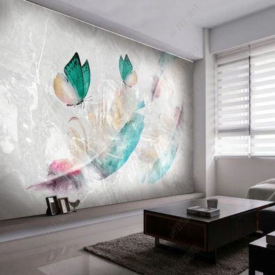 XXL Wandbild Schmetterling Feder Marmor Optik Fototapete Modern 10778