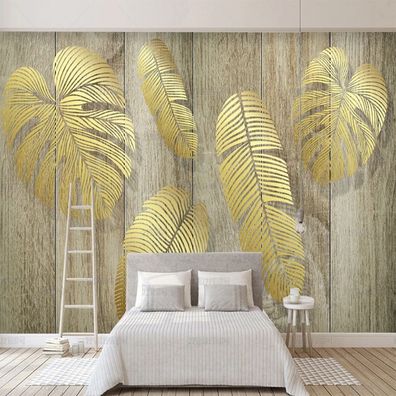 3D Fototapete Gold Blätter Holz Optik Wandbild XXL Vliestapete 10785
