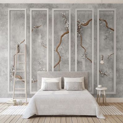 3D Fototapete Beton Optik Blüten Zweige Wandbild Rahmen XXL Vlies 10830