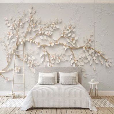 3D Fototapete Gold Zweige Weiße Blüten Wandbild XXL Vliestapete 10840