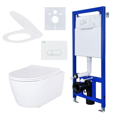 BELVIT WC-Komplettset spülrandlos in Weiß mit Softclose-Sitz, Vorwandelement, Drü