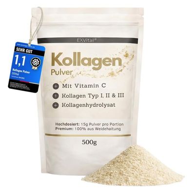 EXVital® Kollagen Pulver mit Vitamin C (500g), 100% natürlich & ohne Zucker