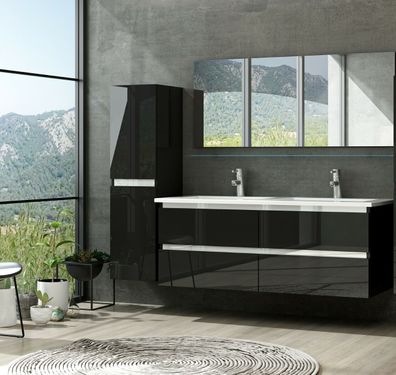 Doppelwaschtisch Hochglanz Schwarz Doppel 120 Waschbecken Badezimmer Bad möbel Set