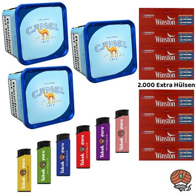 Camel Blue/Blau Volumentabak Eimer 3x 285g, Winston Extra Hülsen, Feuerzeuge