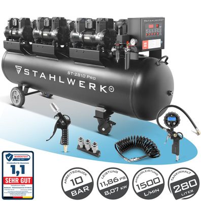 Stahlwerk Kompressor mit 280 L Tank (ST-2810 Pro) Vollausstattung – ölfrei & leise, 1