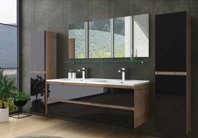 Doppelwaschtisch Schwarz / Eiche Hochglanz Doppel Waschbecken Badmöbel Set 120