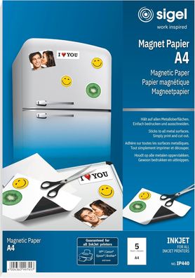 SIGEL IP440 bedruckbares Magnet-Papier / Magnetfolie für InkJet, A4, 5 Blatt, weiß