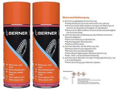 2x Berner Motorrad Kettenspray 400ml Kettenreiniger, Kettenfett, Kettenöl
