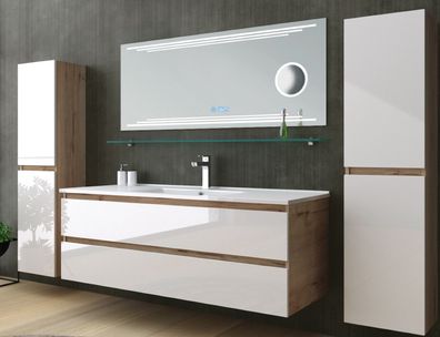 Badmöbel Set Eiche Weiß Badezimmermöbel Waschtisch Kosmetik Spiegel 120 cm