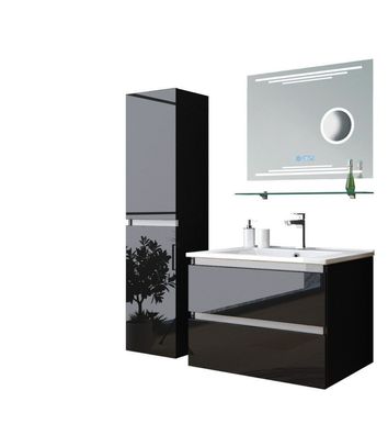 Badmöbel Set Schwarz Badezimmermöbel Waschtisch Kosmetik Spiegel 60 cm
