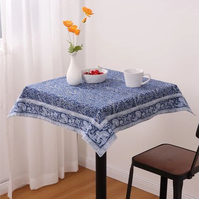 Jemidi Tischdecke Baumwolle 80x80cm Oeko-Tex Zertifiziert - Blumen Motiv Blau