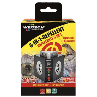 Weitech 3in1 Ultraschall Vertreiber - wirkt gegen alle Nagetiere wie z.B. Mäuse,