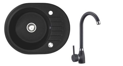 Rund Granitspüle Küchenspüle schwarz 60x47 Einbauspüle Oval+ Armatur, Zubehör