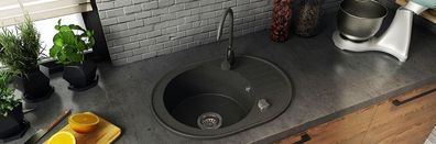 Küchenspüle Granit Oval schwarz Granit Einbauspüle 60x47 cm Spülbecken 1 Becken