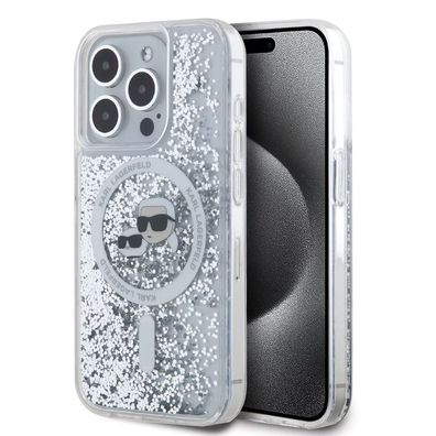 Handyhülle iPhone 15 Pro Karl Lagerfeld Glitter silber MagSafe Logo