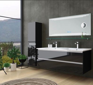 Badmöbel Set Schwarz doppelwaschtisch doppelwaschbecken Kosmetik Spiegel 120 cm