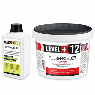 Set Fertig Fliesenkleber 5kg LEVEL+ Tiefengrund LF 1L Flexkleber Weiß SET205
