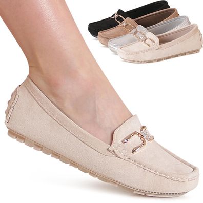 topschuhe24 3236 Damen Velours Mokassins Komfort Slipper Glitzer