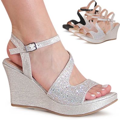 topschuhe24 3237 Damen Keil Sandaletten mit Glitzer