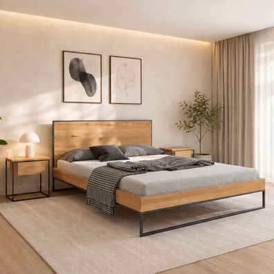 Designer-Frame-Bett, Massivholz Eiche