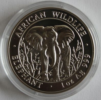 2004 Somalia Elefant, 1 oz STGL-BU Silber, Erstausgabe, mit 39 mm Originalkapsel